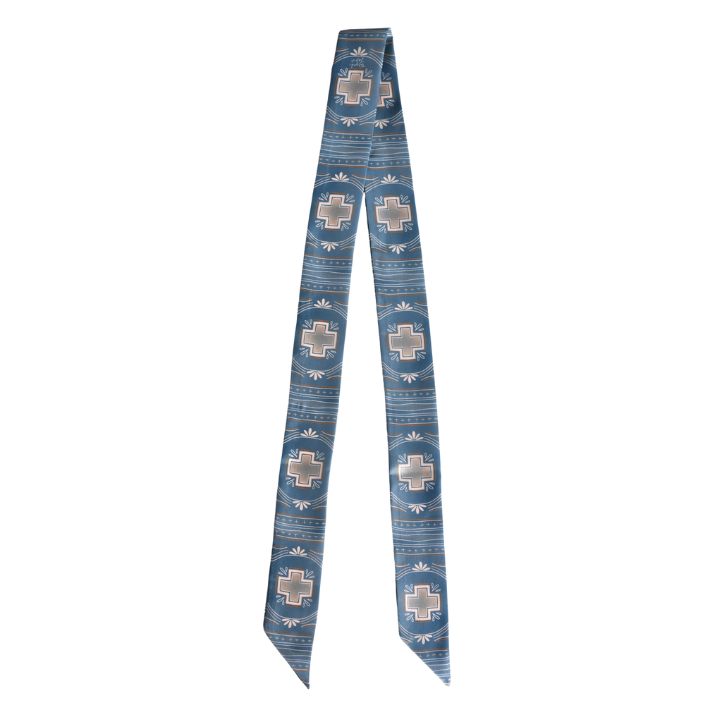 Blue Cross Geometric Twilly Scarf: Western Satin Chiffon Hair & Neck Scarf