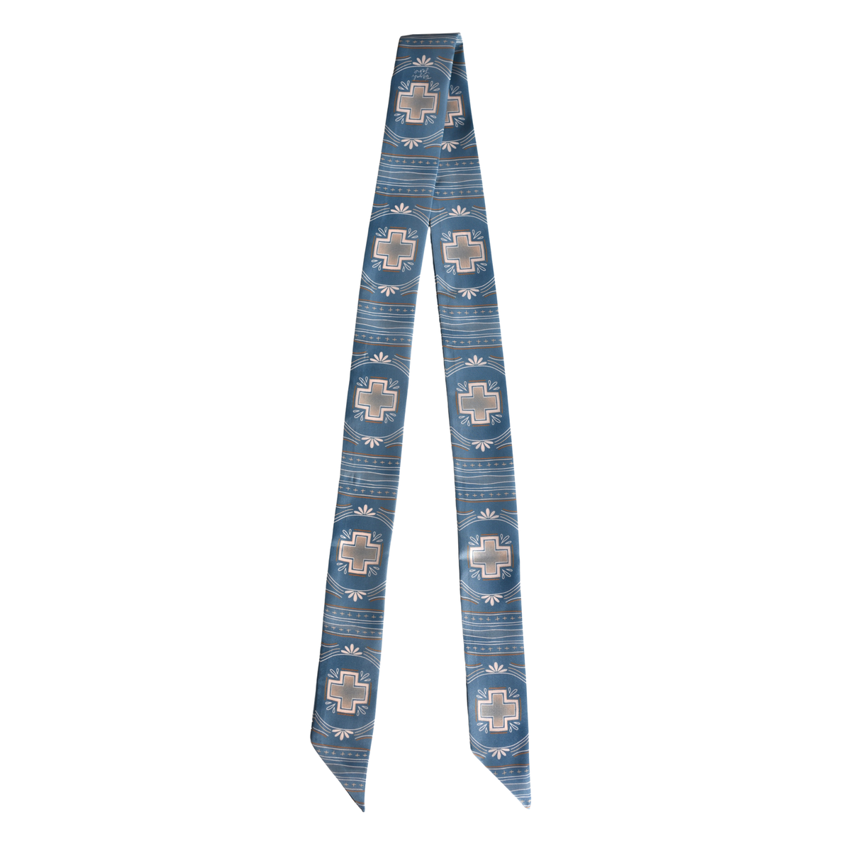 Blue Cross Geometric Twilly Scarf: Western Satin Chiffon Hair & Neck Scarf