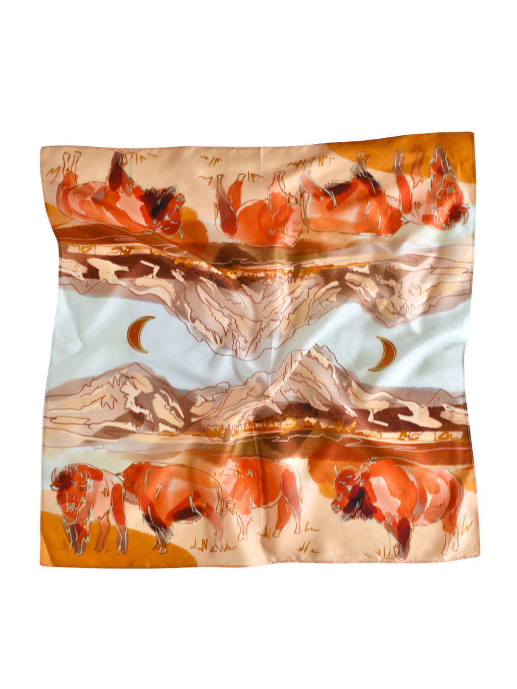 Bison and Mountain Range Western Buffalo Silk Wild Rag Scarf