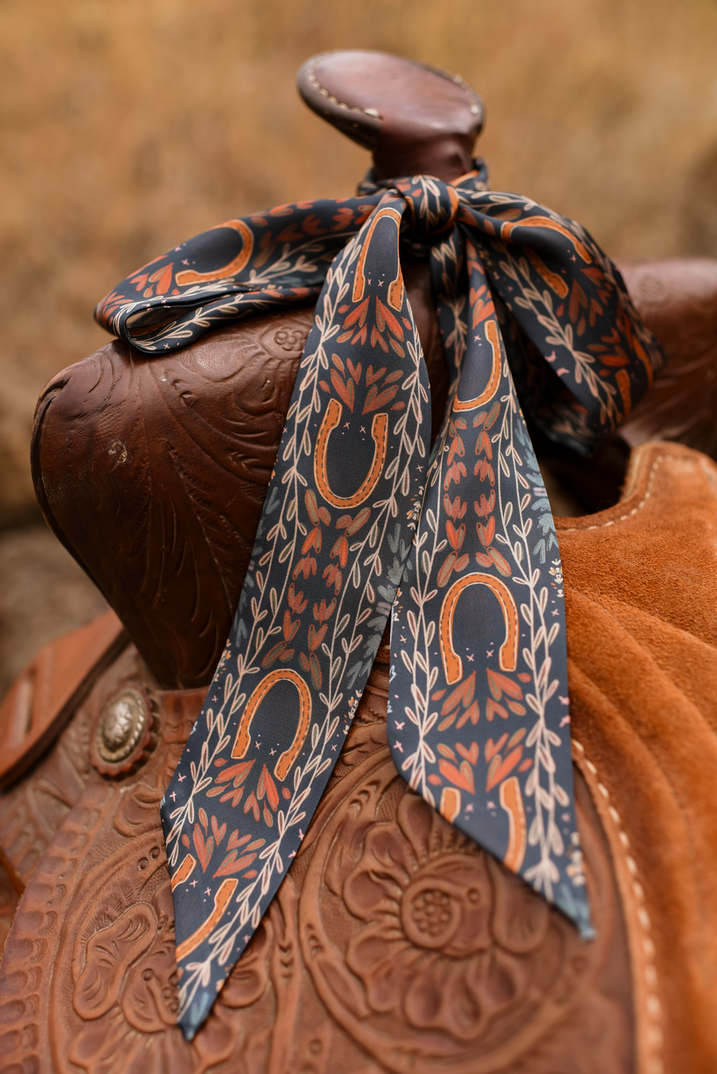Western Harvest Twilly Scarf in Deep Juniper: Floral Western Satin Chiffon Scarf