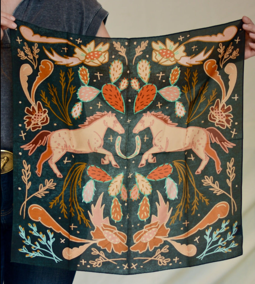 Wild Horse Prairies in Denim Cowgirl Wild Rag: Western Scarf Bandana Silk Tencel Wild Rag