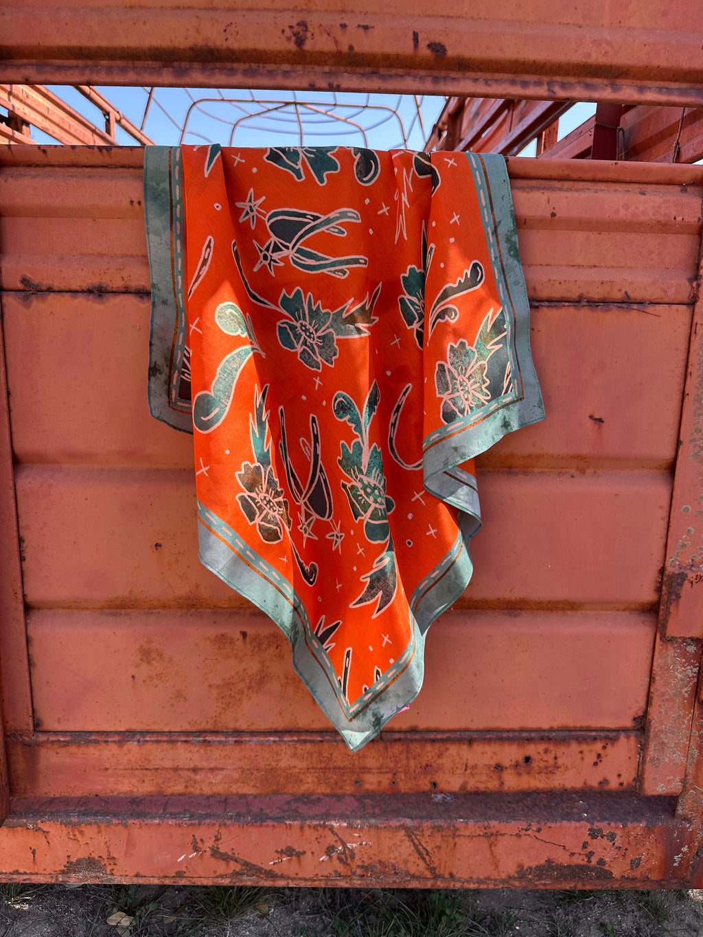Spurs N’ Horseshoes in Rust Silk Western Cowgirl Wild Rag Scarf