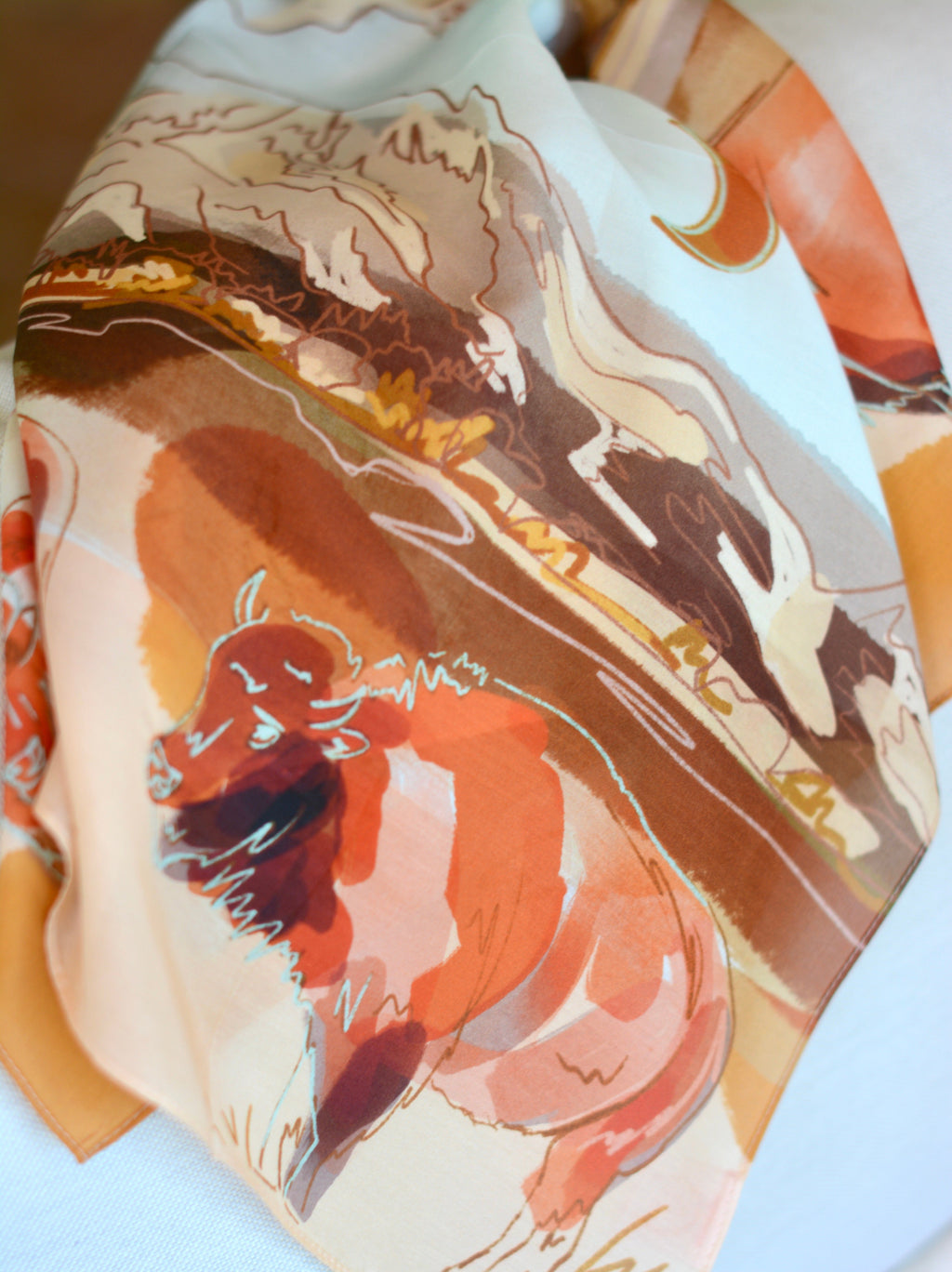 Bison and Mountain Range Western Buffalo Silk Wild Rag Scarf